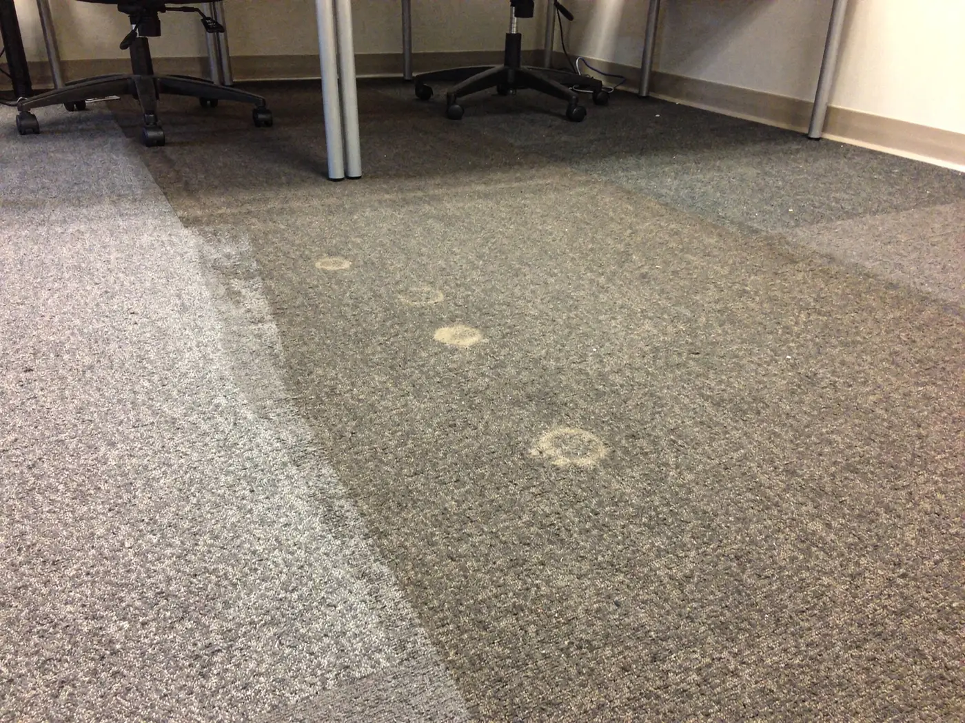 Moquette grise d'un bureau à Lyon, lavée sur une moitié, la différence de teinte bien visible